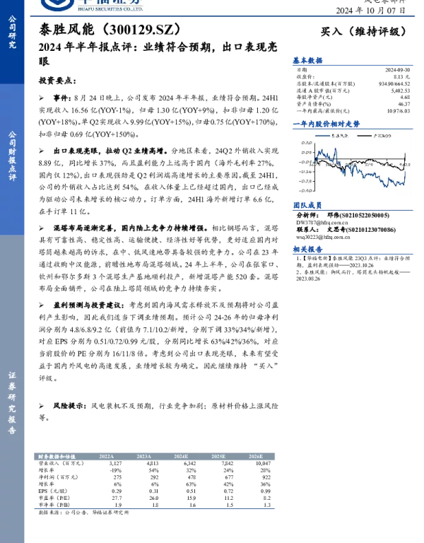20241007-华福证券-泰胜风能-300129.SZ-2024年半年报点评_业绩符合预期_出口表现亮眼_3页_377kb