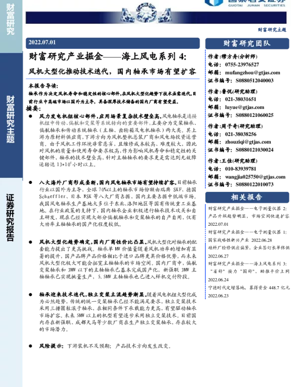 2022-08-海上风电系列4：风机大型化推动技术迭代，国内轴承市场有望扩容-国泰君安