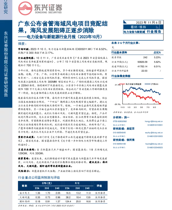 电力设备与新能源行业月报（2023年10月）：广东公布省管海域风电项目竞配结果，海风发展阻碍正逐步消除