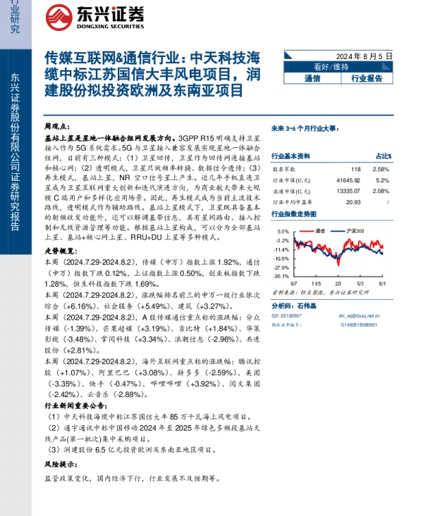 20240805-东兴证券-传媒互联网_通信行业_中天科技海缆中标江苏国信大丰风电项目_润建股份拟投资欧洲及东南亚项目_7页_707kb