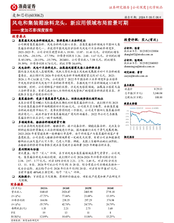 深度报告-20240908-浙商证券-麦加芯彩-603062.SH-麦加芯彩深度报告_风电和集装箱涂料龙头_新应用领域布局前景可期_29页_1mb