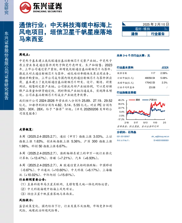 20250210-通信行业报告_中天科技海缆中标海上风电项目_垣信卫星千帆星座落地马来西亚_7页_689kb