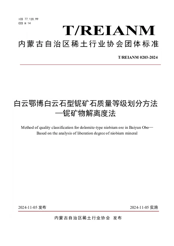 T_REIANM T_REIANM0203—2024_白云鄂博白云石型铌矿石质量等级划分方法 —铌矿物解离度法