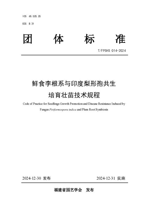 T_FPSHS 014—2024_鲜食李根系与印度梨形孢共生培育壮苗技术规程