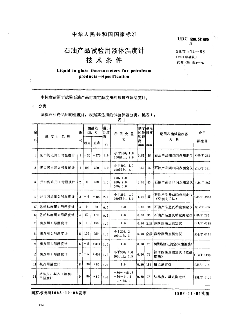 GBT 514-1983 石油产品试验用液体温度计 技术条件