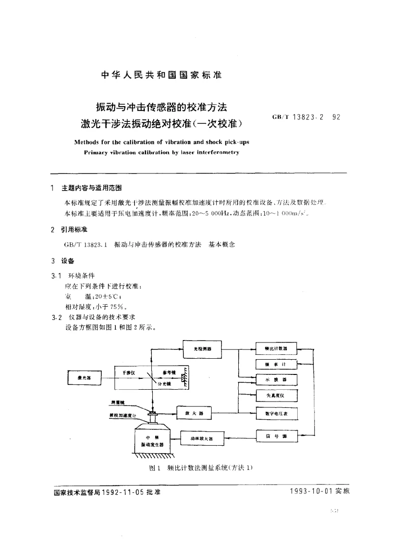 GBT 13823.2-1992 振动与冲击传感器的校准方法 激光干涉法振动绝对校准(一次校准）