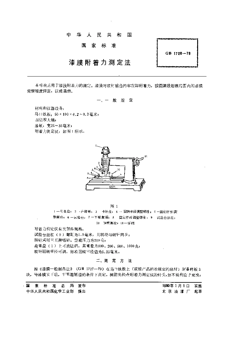 GB 1720-1979 漆膜附着力测定法