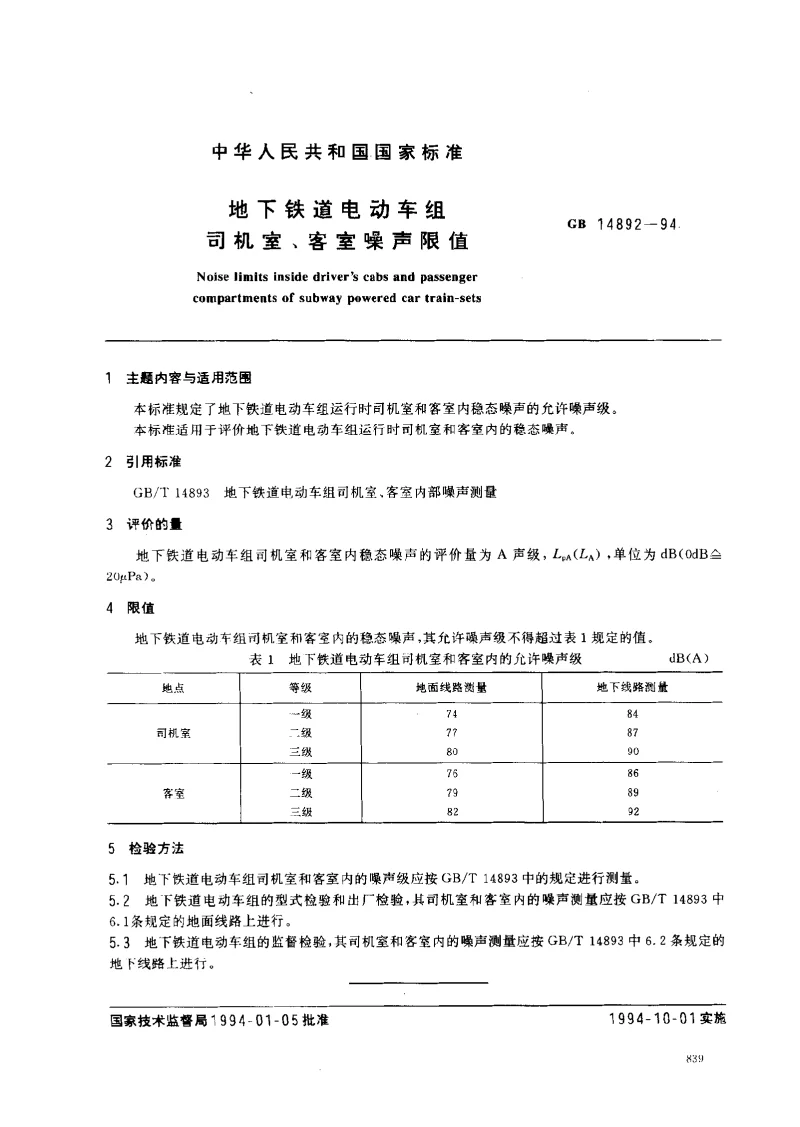 GB 14892-1994 地下铁道电动车组司机室、客室噪声限值