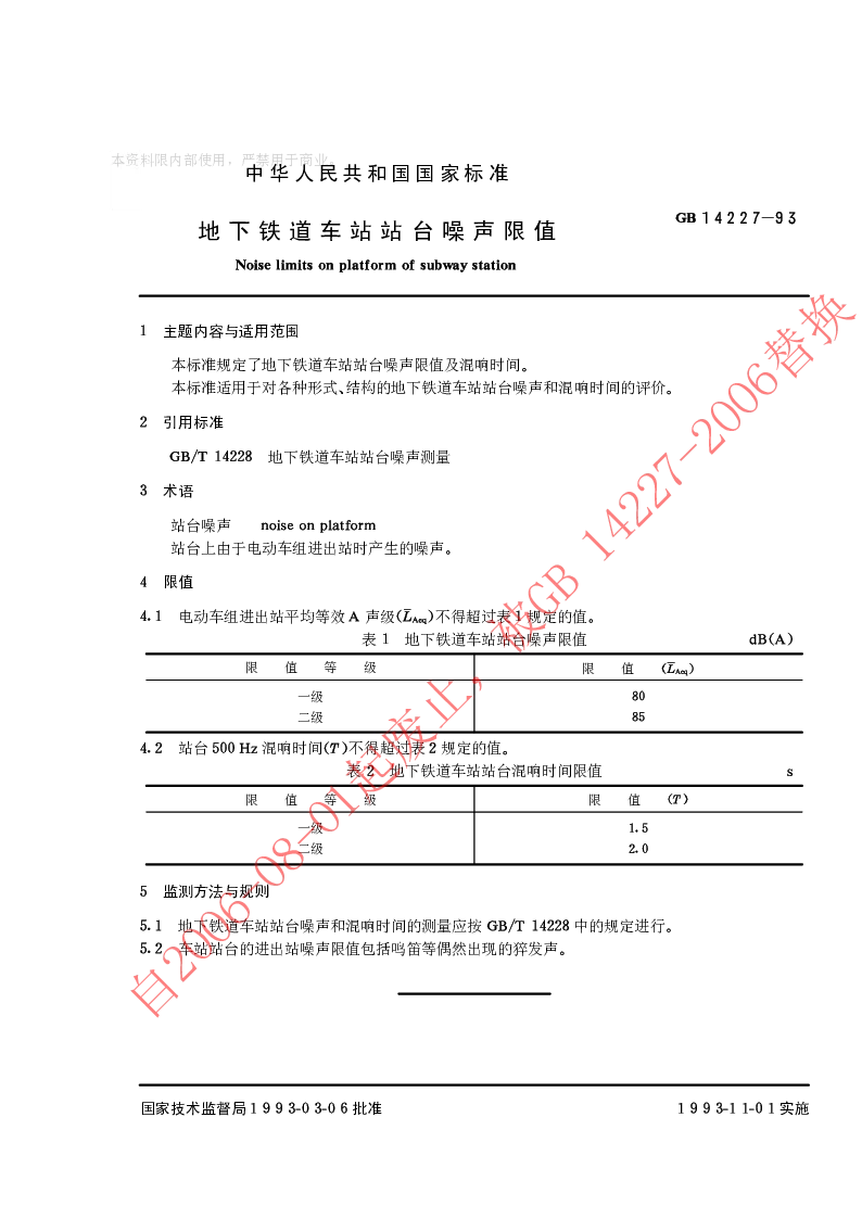 GB 14227-1993 地下铁道车站站台噪声限值
