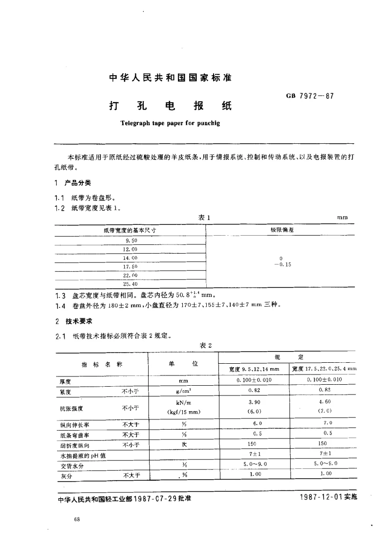 GBT 7972-1987 打孔电报纸