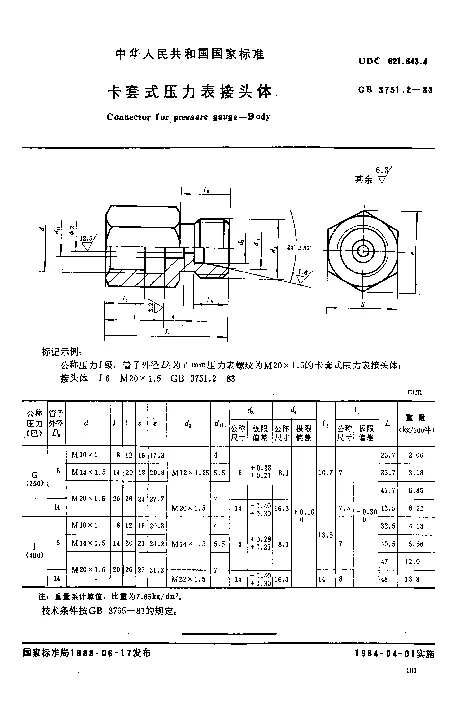 GBT 3751.2-1983 卡套式压力表接头体