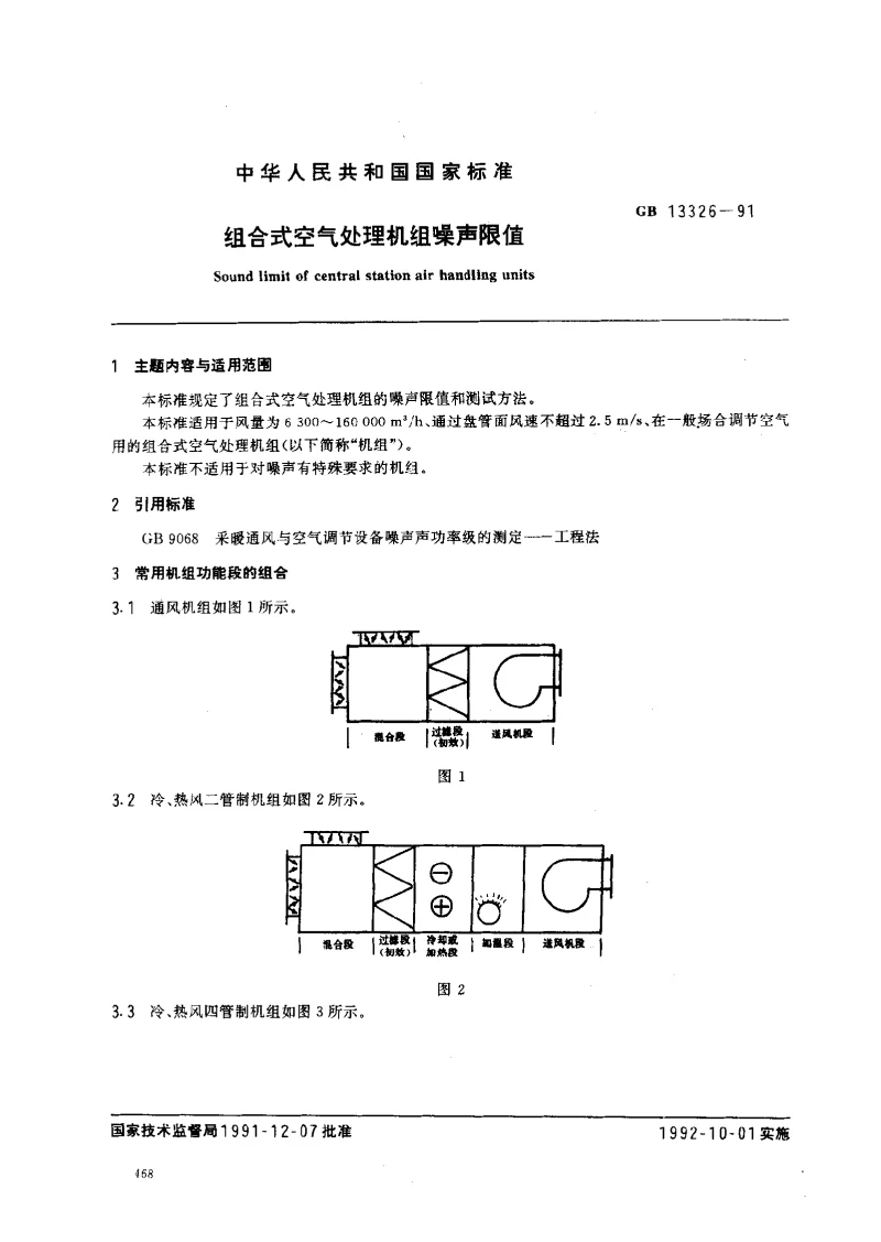 GB 13326-1991 组合式空气处理机组噪声限值