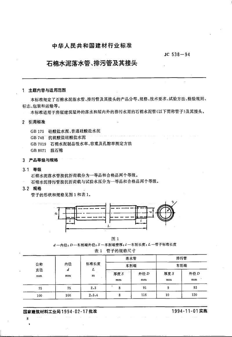 JC 538-1994 石棉水泥落水管、排污管及其接头