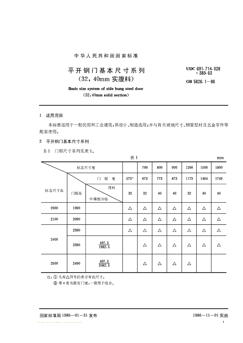 GB 5626.1-86 平开钢门基本尺寸系列(3240mm实腹料)