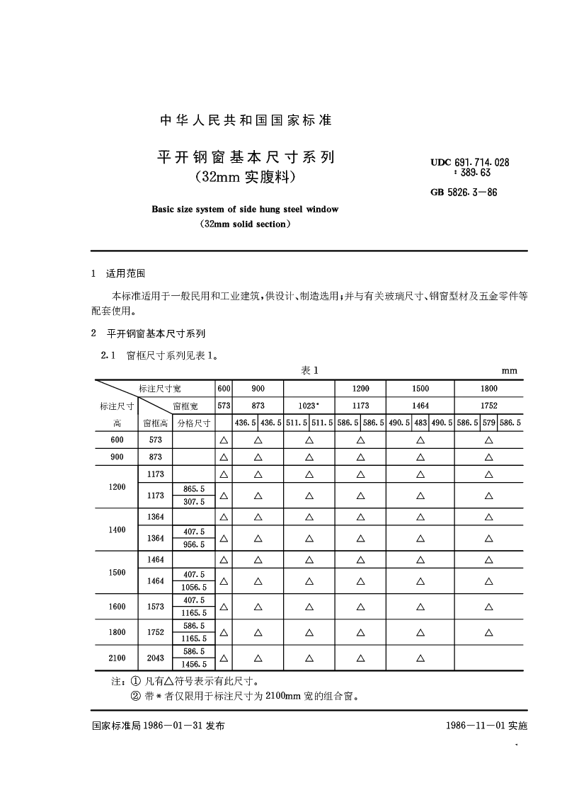 GB 5626.3-86 平开钢门基本尺寸系列(32mm实腹料)