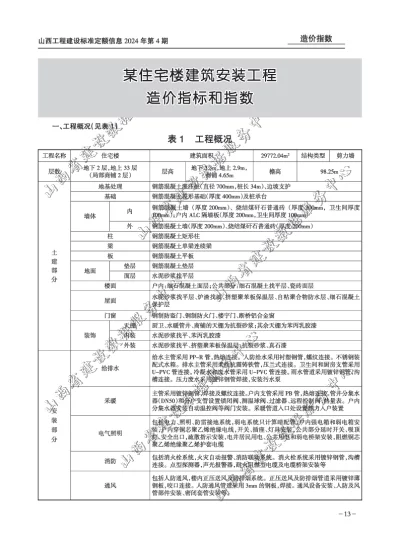 某住宅楼建筑安装工程造价指标和指数（2024年第4期）