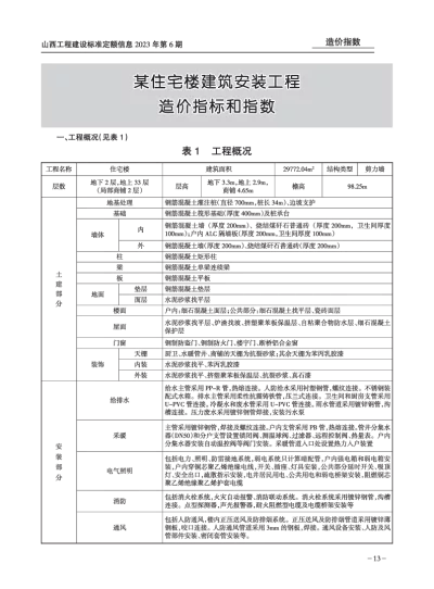 某住宅楼建筑安装工程造价指标和指数（2023第6期）