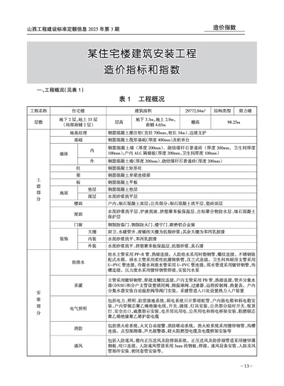 某住宅楼建筑安装工程造价指标和指数（2025年第3期）