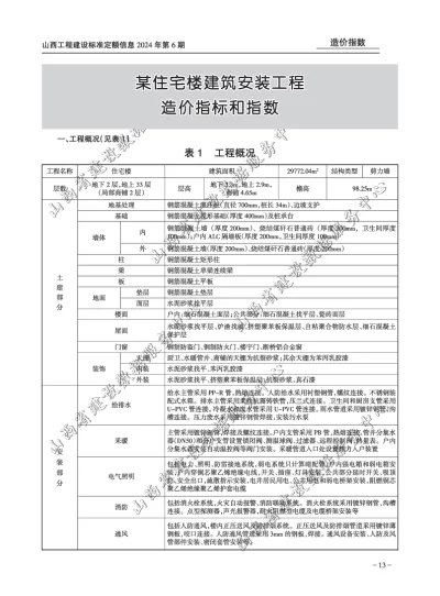 某住宅楼建筑安装工程造价指标和指数（2024年第6期）