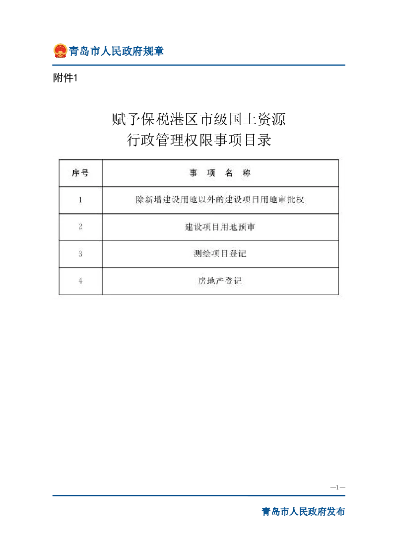 关于赋予青岛前湾保税港区、崂山区、城阳区市级国土资源行政管理权限的决定
