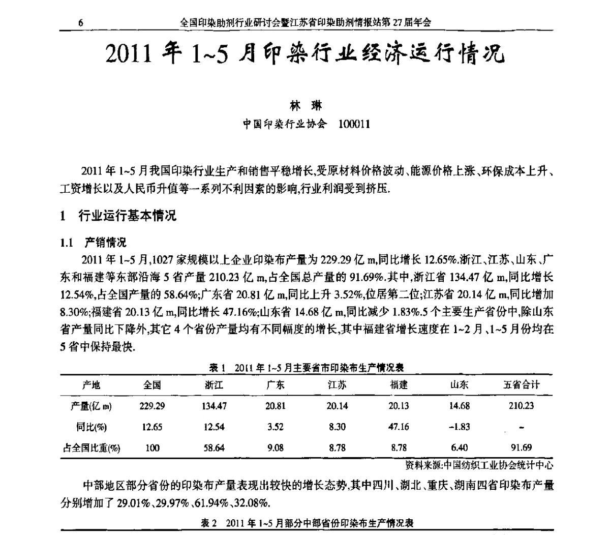 2011年1~5月印染行业经济运行情况 - 全国印染助剂行业研讨会暨江苏省印染助剂情报站第27届年会