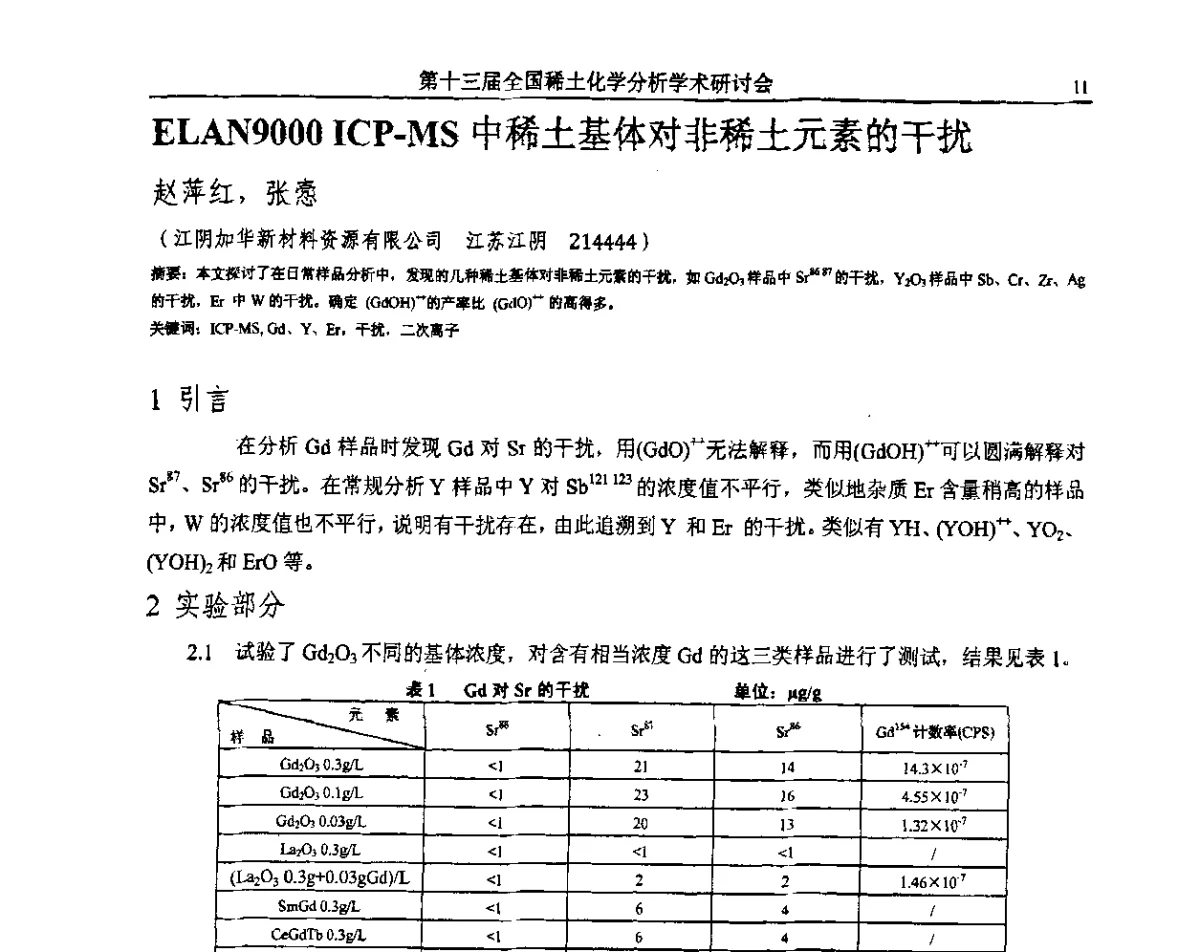 ELAN9000 ICP-MS中稀土基体对非稀土元素的干扰 - 第十三届全国稀土化学分析学术研讨会