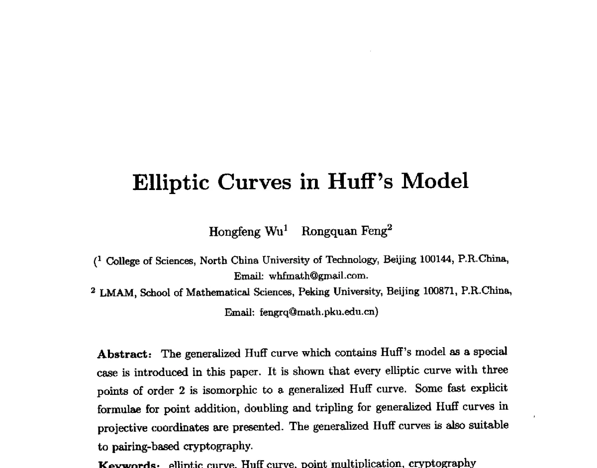 Elliptic Curves in Huffs Model - 中国密码学会2011年会