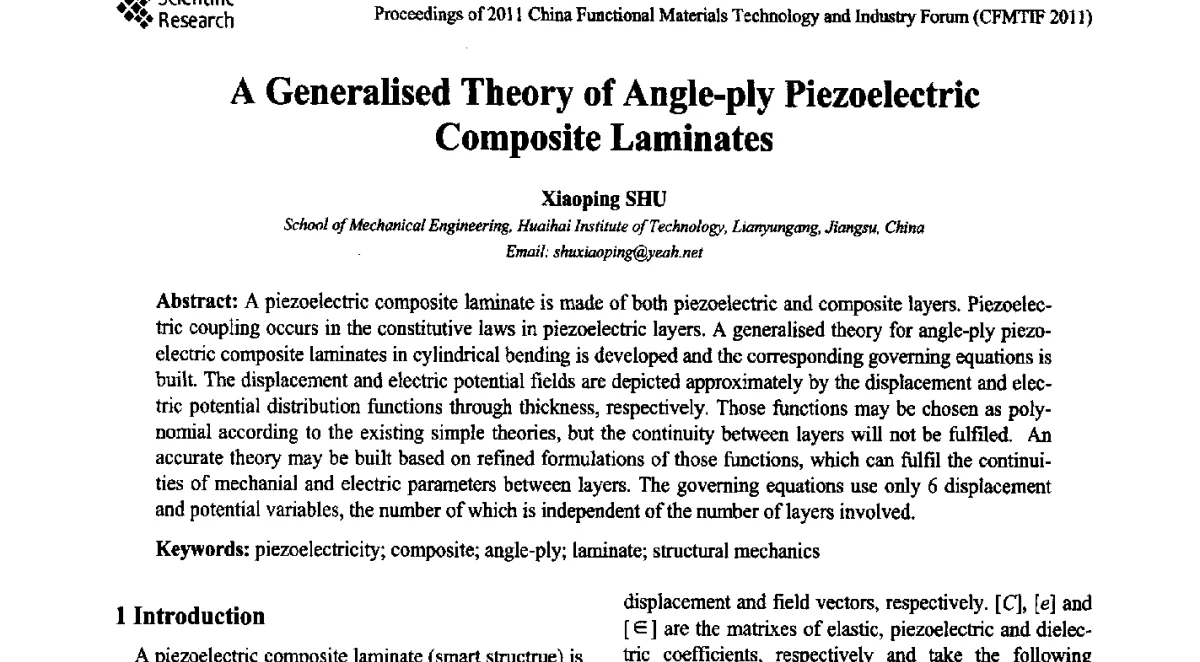 A Generalised Theory of Angle-ply Piezoelectric Composite Laminates - 2011中国功能材料科技与产业高层论坛