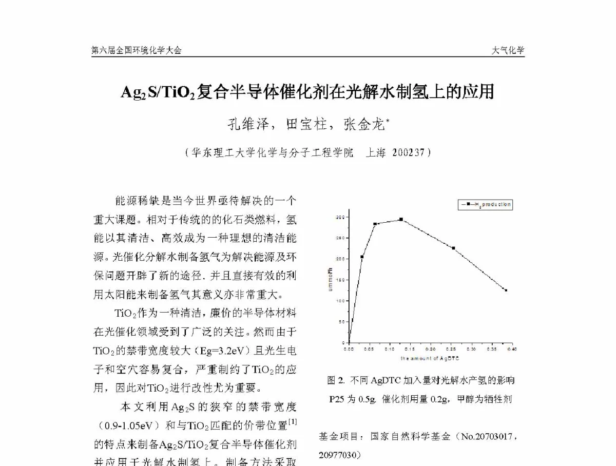 Ag2S_TiO2复合半导体催化剂在光解水制氢上的应用 - 第六届全国环境化学学术大会