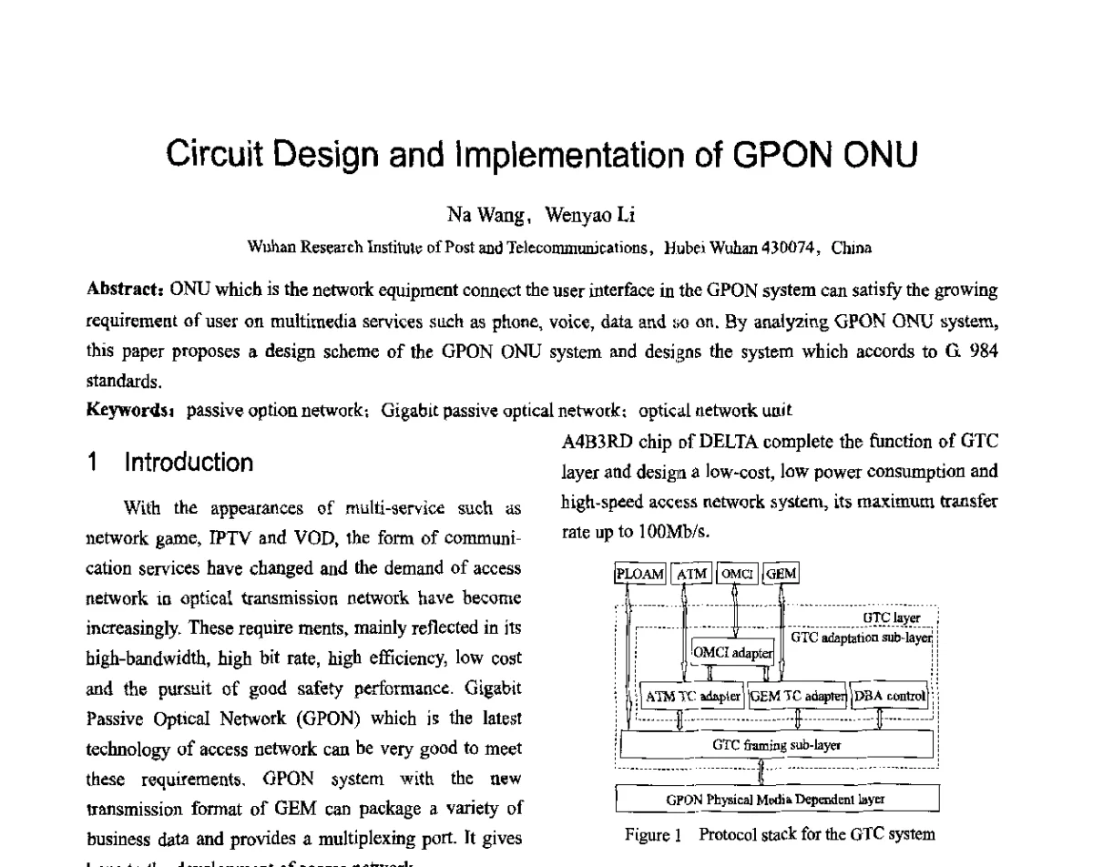Circuit Design and Implementation of GPON ONU - 第十六届全国青年通信学术会议