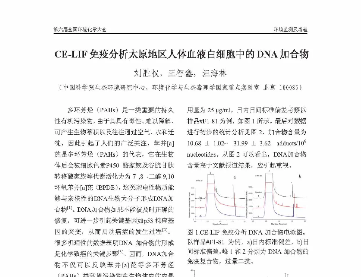 CE-LIF免疫分析太原地区人体血液白细胞中的DNA加合物 - 第六届全国环境化学学术大会