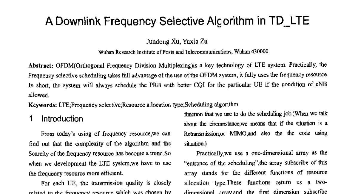 A Downlink Frequency Selective Aigorithm in TD-LTE - 第十六届全国青年通信学术会议