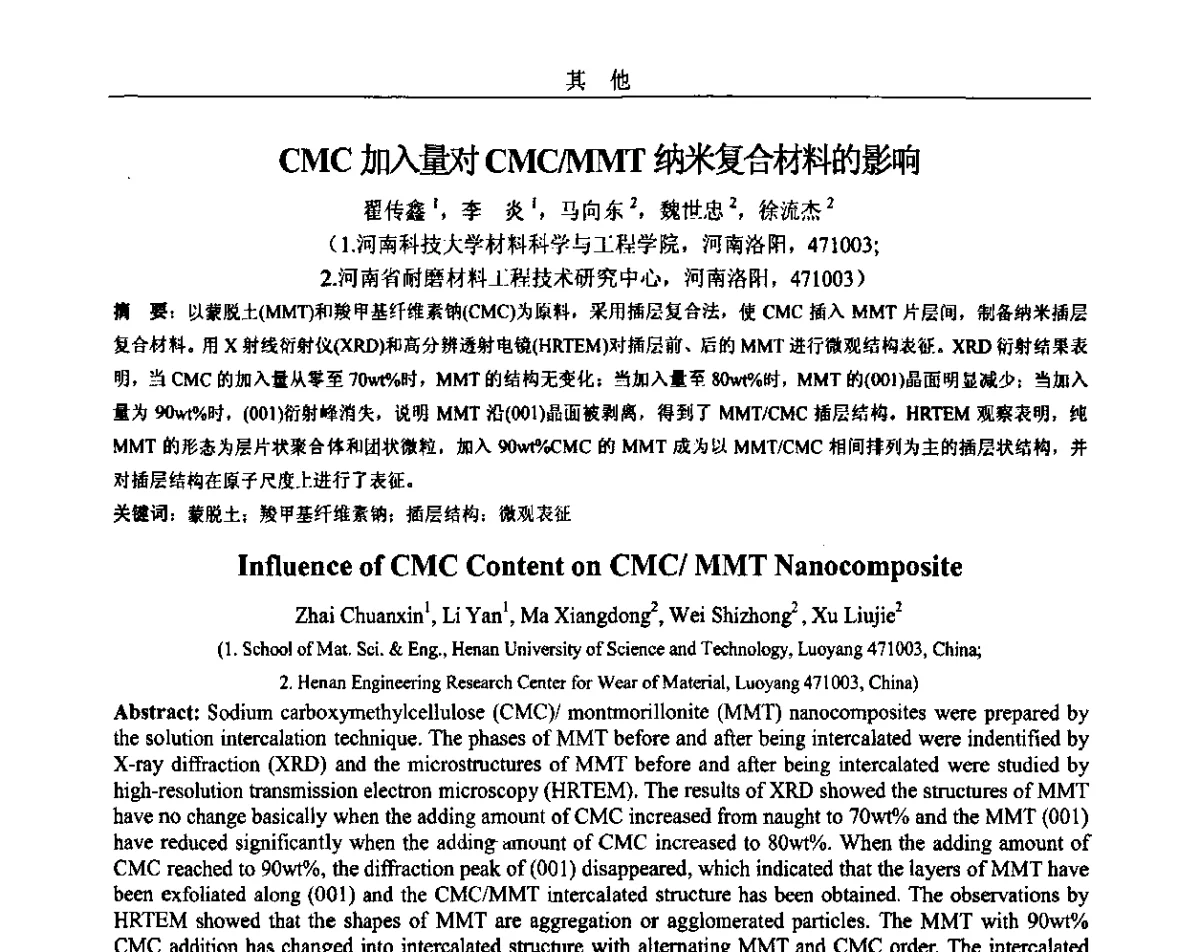 CMC加入量对CMC_MMT纳米复合材料的影响 - 2011年十四省市热处理暨第三届全国有色金属热处理学术交流会