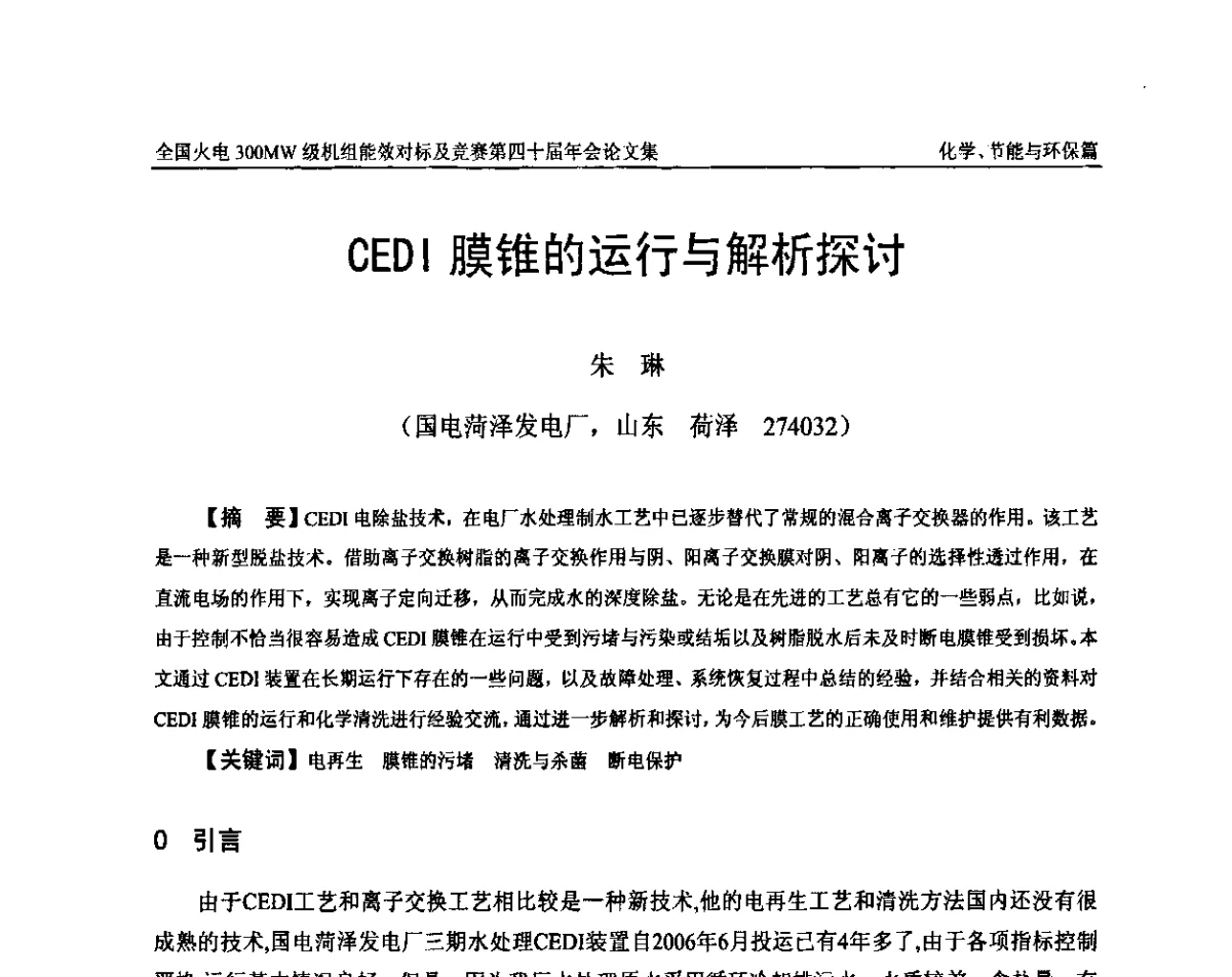 CEDI膜锥的运行与解析探讨 - 全国火电300MW级机组能效对标及竞赛第四十届年会