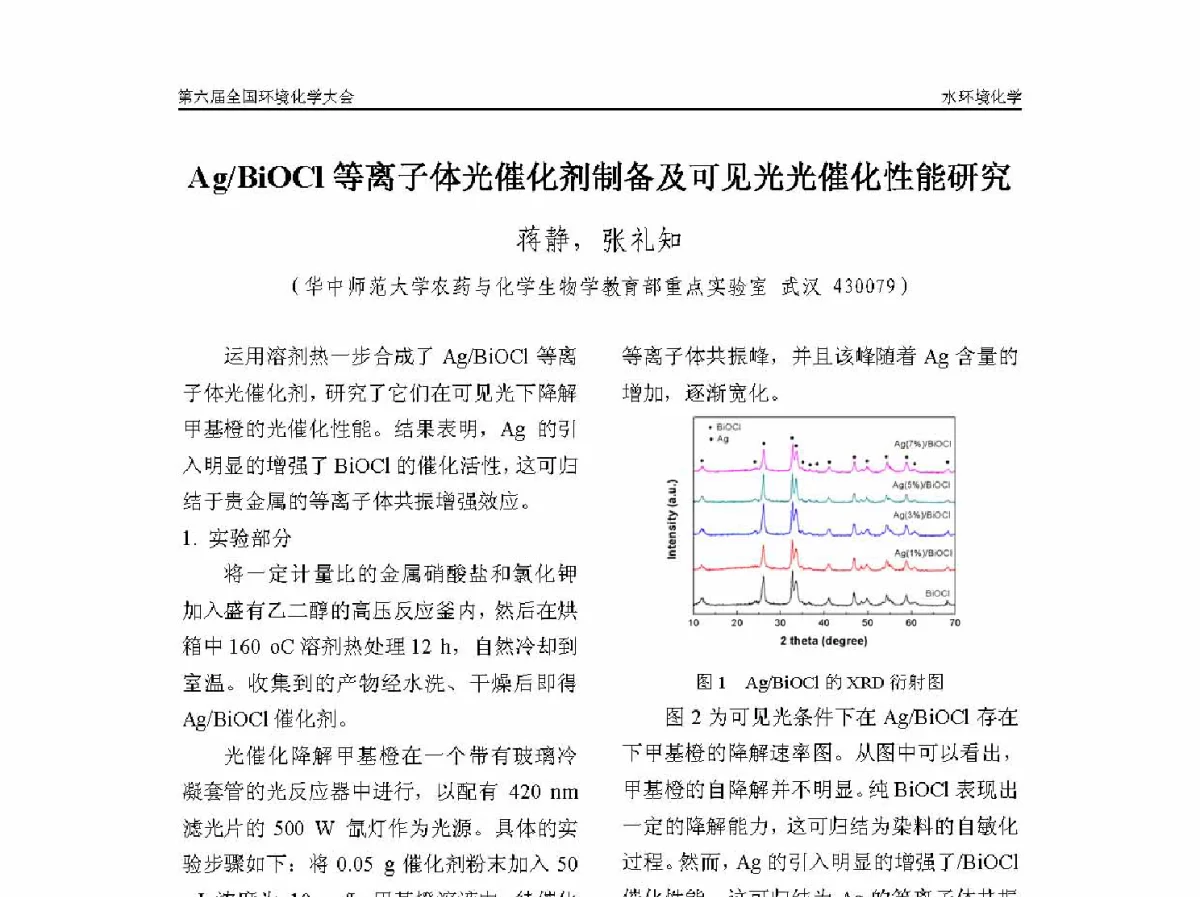 Ag_BiOCl等离子体光催化剂制备及可见光光催化性能研究 - 第六届全国环境化学学术大会