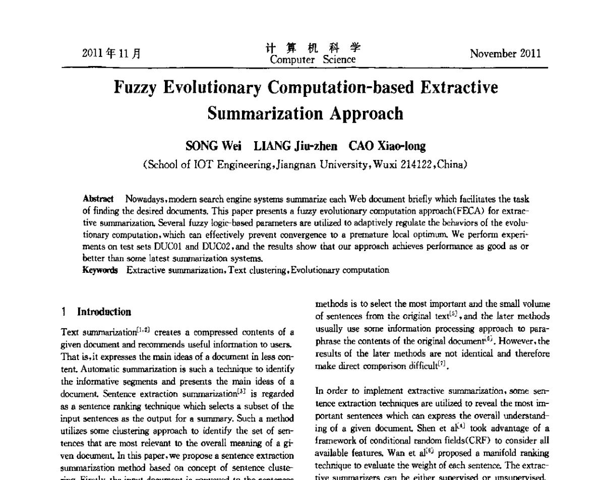 Fuzzy Evolutionary Computation-based Extractive Summarization Approach - 第十一届中国Rough集与软计算学术会议、第五届中国Web智能学术研讨会及第五届中国粒计算学术研讨会联合学术会议