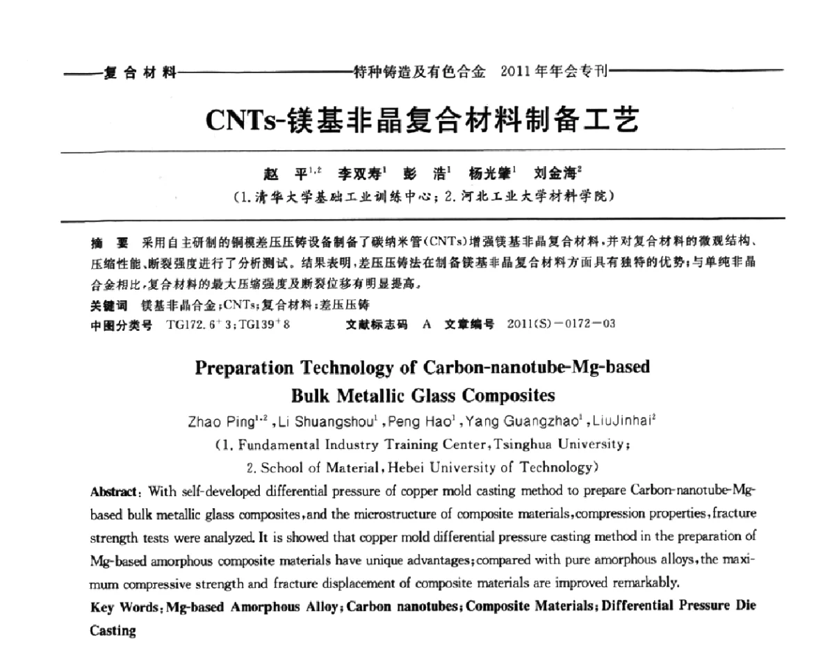 CNTs-镁基非晶复合材料制备工艺 - 第十三届全国特种铸造及有色合金学术年会、第七届全国铸造复合材料学术年会、2011年全国半固态加工技术及其应用高层论坛