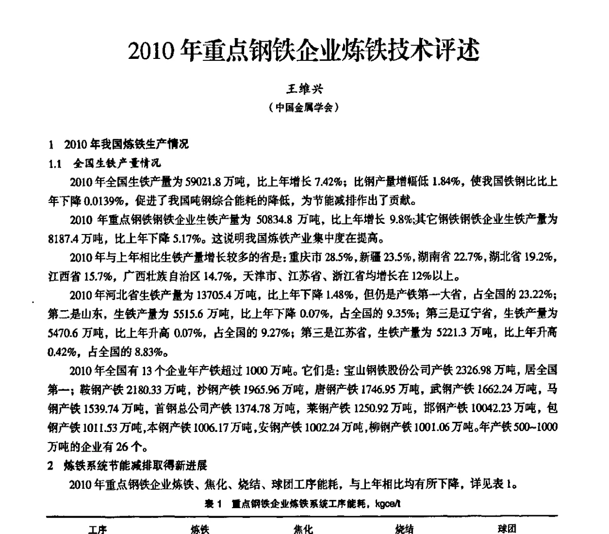 2010年重点钢铁企业炼铁技术评述 - 2011全国中小高炉炼铁学术年会