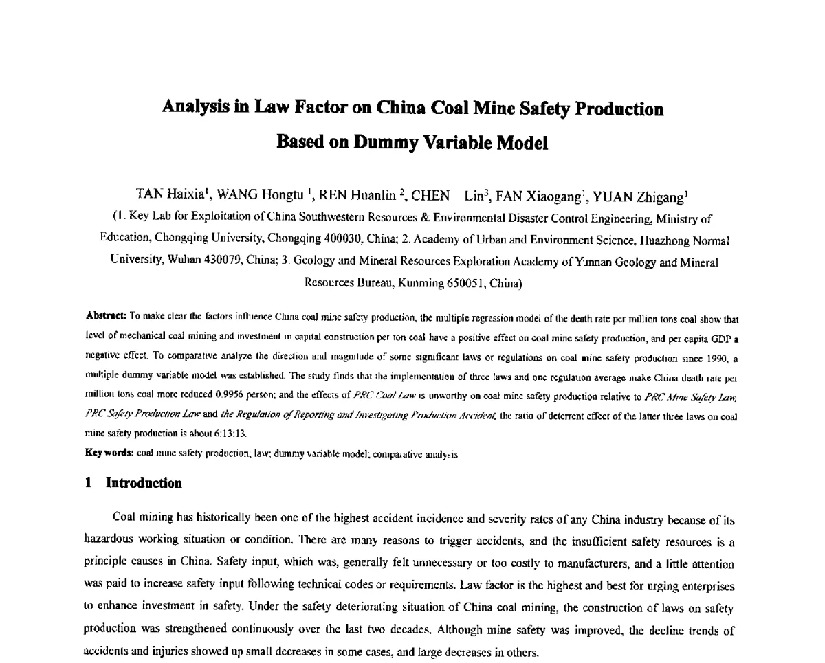 Analysis in Law Factor on China Coal Mine Safety Production Based on Dummy Variable Model - 2011全国特殊气藏开发技术研讨会