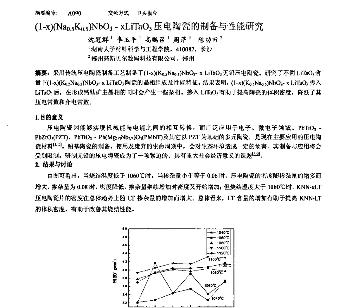 (1-x)(Na0.5K0.5)NbO3-xLiTaO3压电陶瓷的制备与性能研究 - 2011中国(景德镇)高技术陶瓷国际论坛暨第十届全国工程陶瓷学术年会