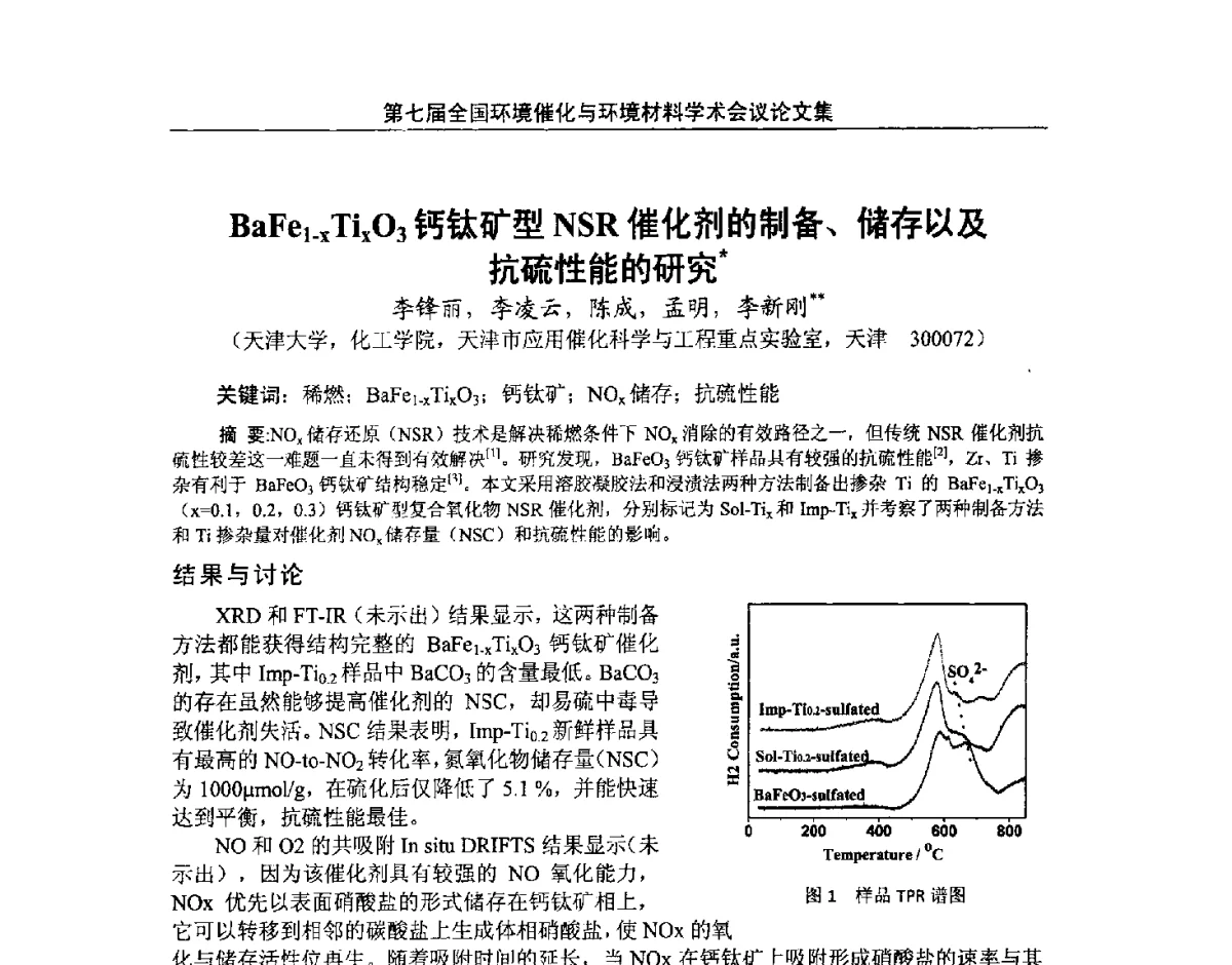 BaFe1-xTixO3钙钛矿型NSR催化剂的制备、储存以及抗硫性能的研究 - 第七届全国环境催化与环境材料学术会议