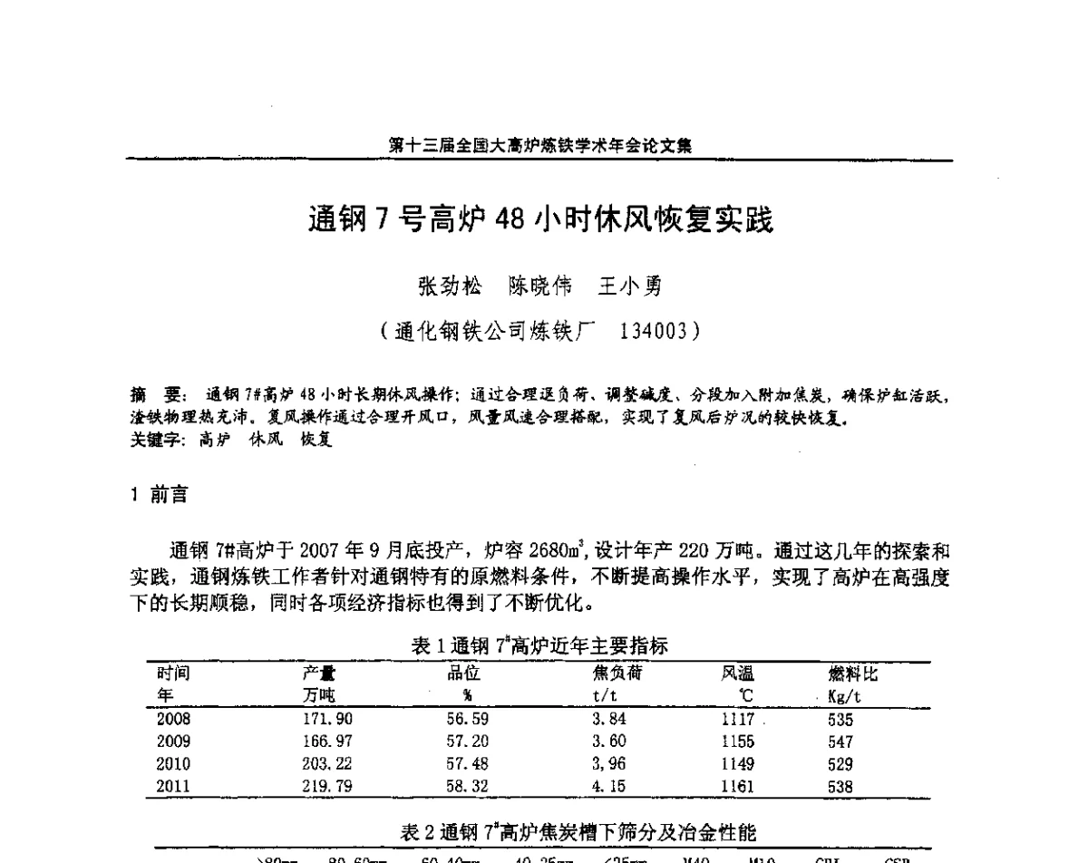 通钢7号高炉48小时休风恢复实践 - 第13届全国大高炉炼铁学术年会
