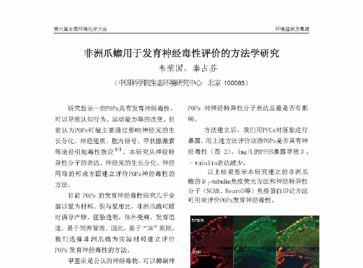 非洲爪蟾用于发育神经毒性评价的方法学研究 - 第六届全国环境化学学术大会