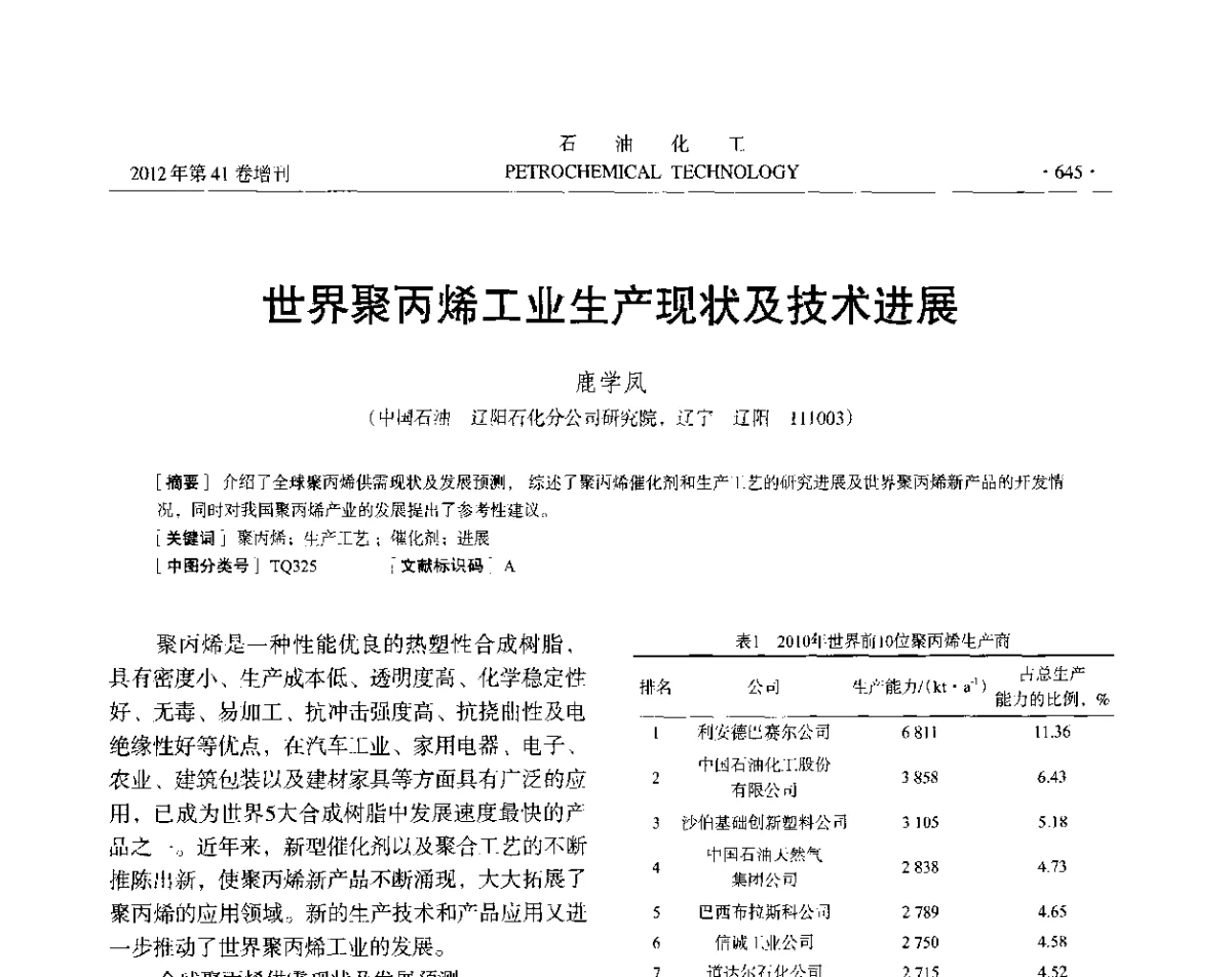 世界聚丙烯工业生产现状及技术进展 - 中国化工学会2012年石油化工学术年会