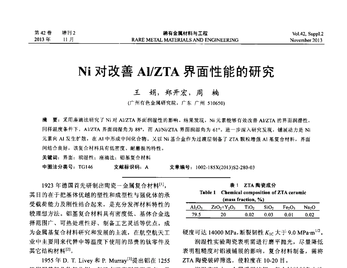 Ni对改善Al_ZTA界面性能的研究 - 第四届高能束加工技术国际学术会议