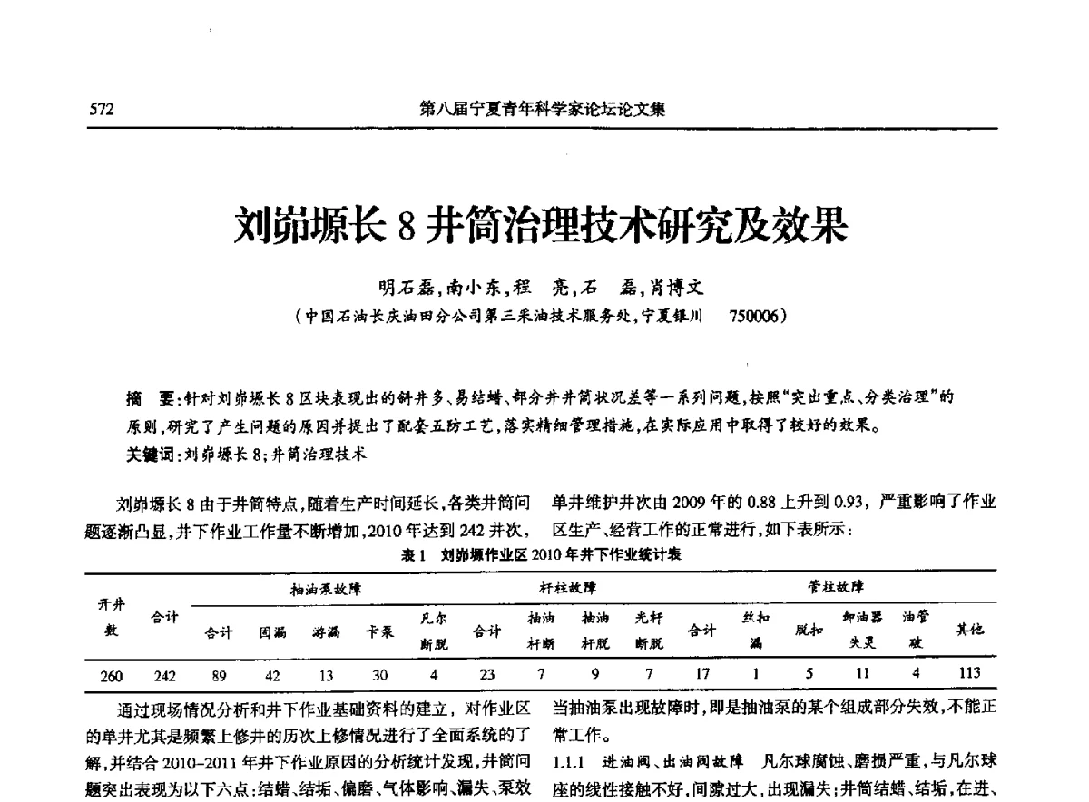 刘峁塬长8井筒治理技术研究及效果 - 第八届宁夏青年科学家论坛石化专题论坛