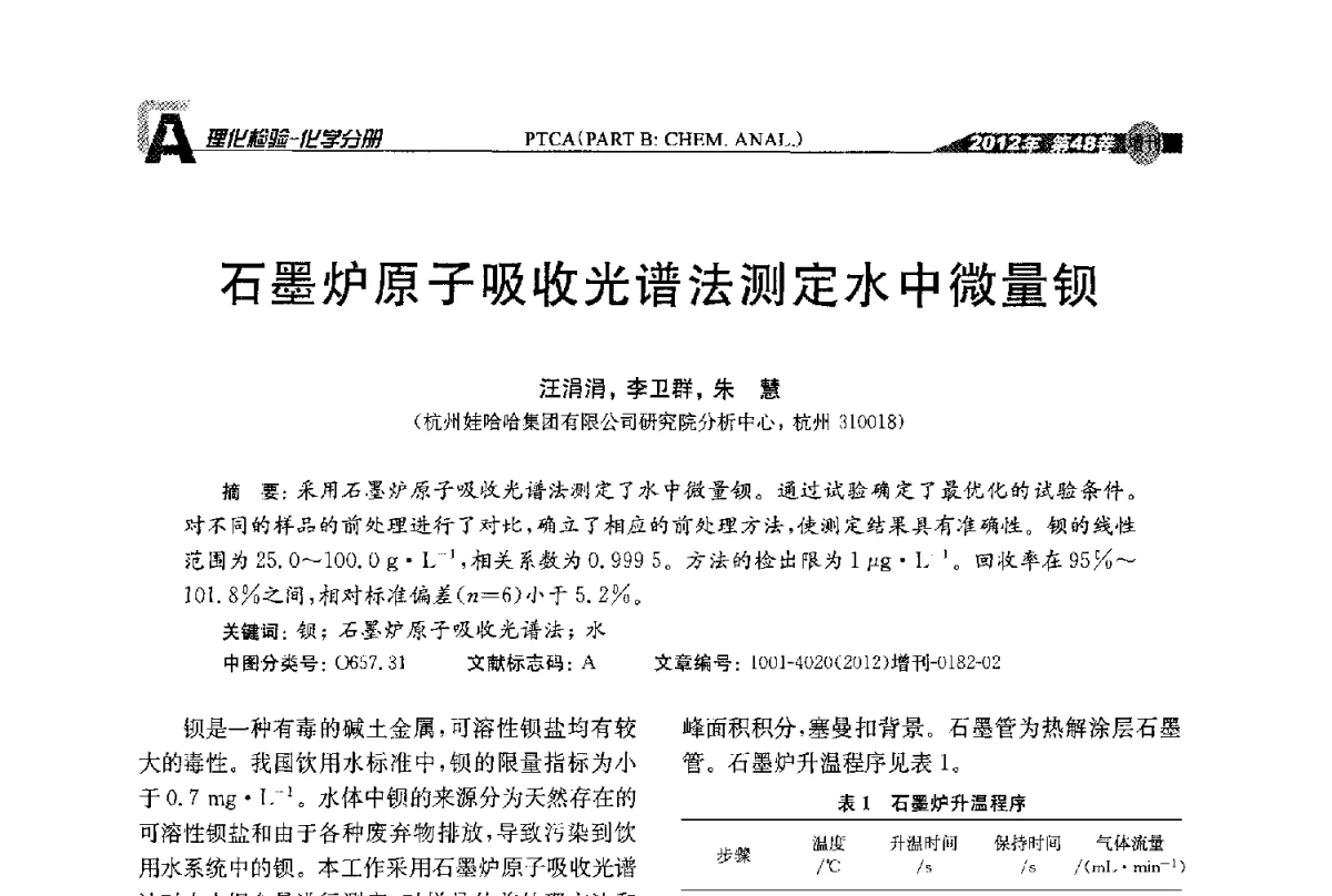 石墨炉原子吸收光谱法测定水中微量钡 - 全国理化测试学术研讨会暨《理化检验》创刊50周年大会