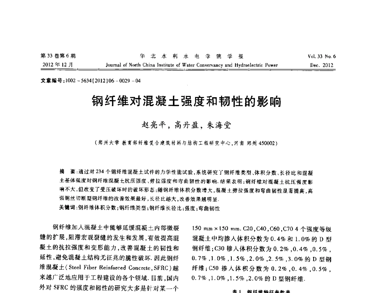 钢纤维对混凝土强度和韧性的影响 - 第十四届全国纤维混凝土学术会议