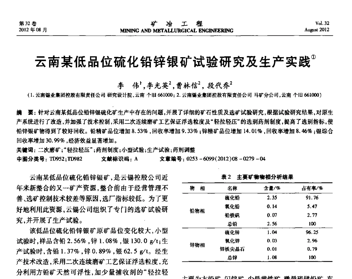 云南某低品位硫化铅锌银矿试验研究及生产实践 - 第六届全国选矿专业学术年会