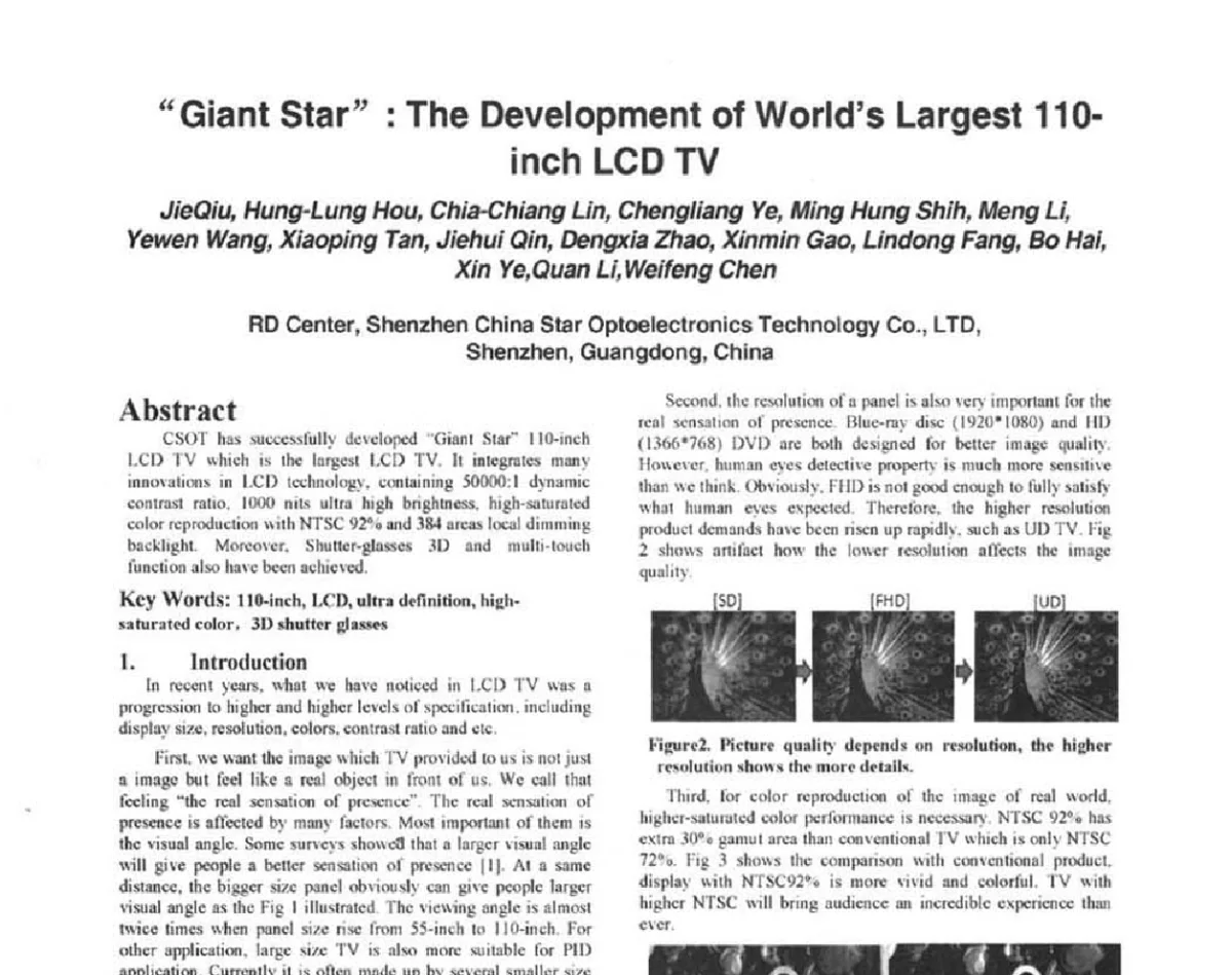 Giant Star _ The Development of Worlds Largest 110-inch LCD TV - 2012中国平板显示学术会议